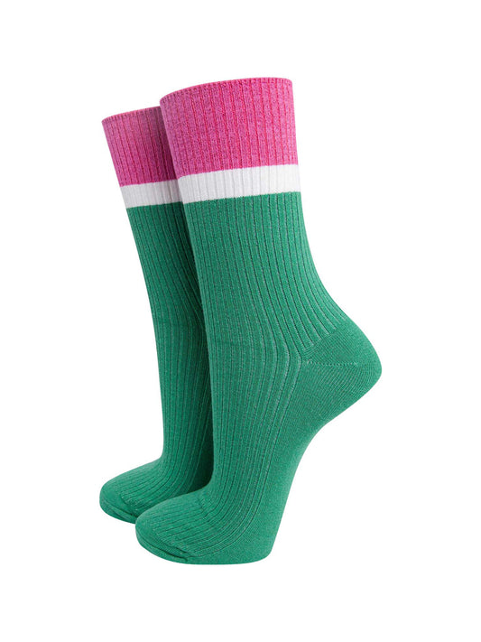 womens-mid-calf-socks-green-pink-contrast-cuff-thick-ribbed-cotton