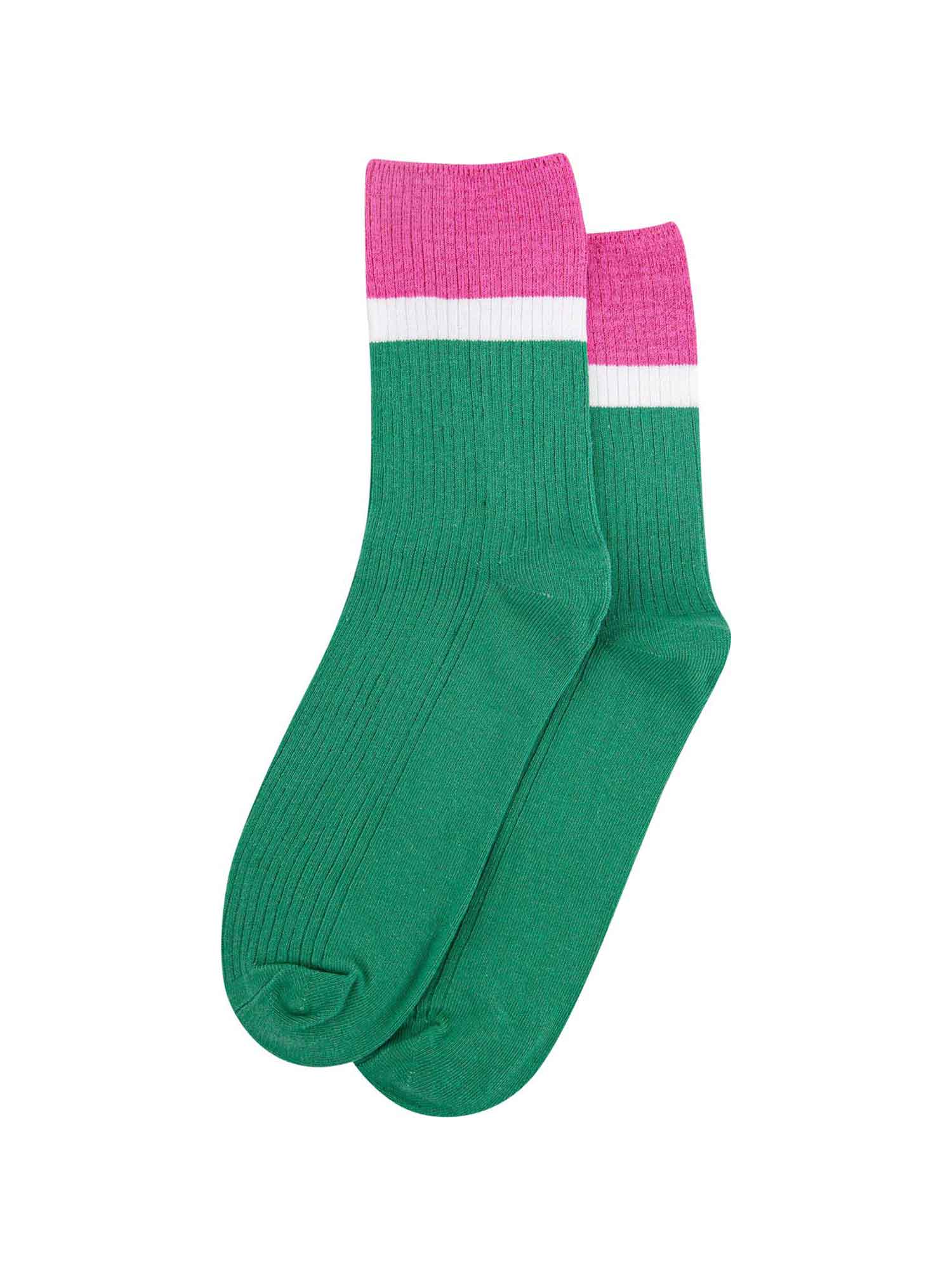 womens-mid-calf-socks-green-pink-contrast-cuff-laying-flat