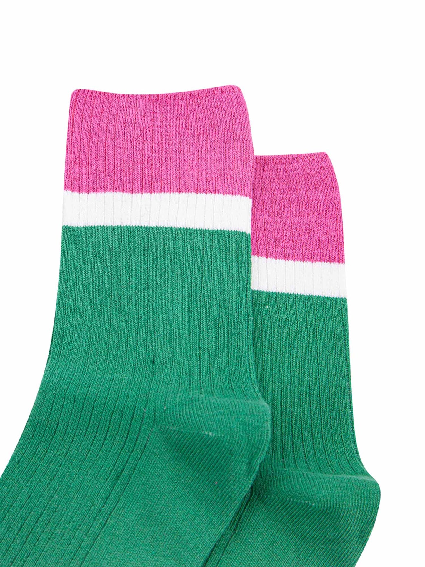 womens-mid-calf-socks-green-pink-contrast-cuff-close-up-material