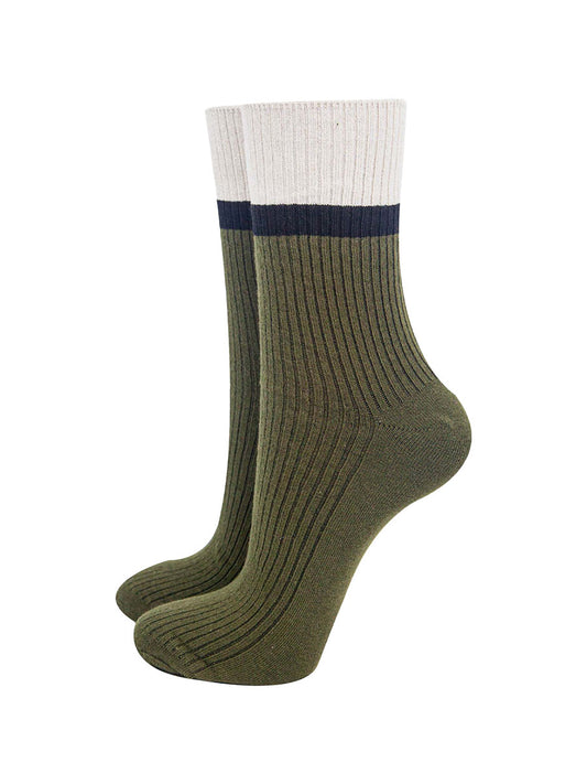 womens-mid-calf-socks-khaki-cream-contrast-cuff-thick-ribbed-cotton