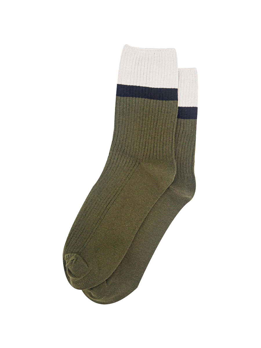 womens-mid-calf-socks-khaki-cream-contrast-cuff-laying-flat