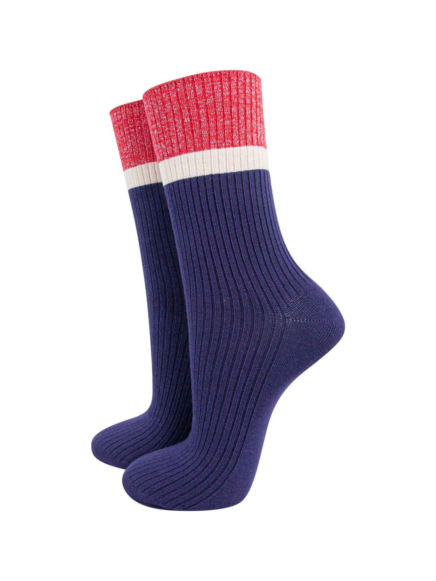 womens-mid-calf-socks-navy-blue-red-contrast-cuff-thick-ribbed-cotton