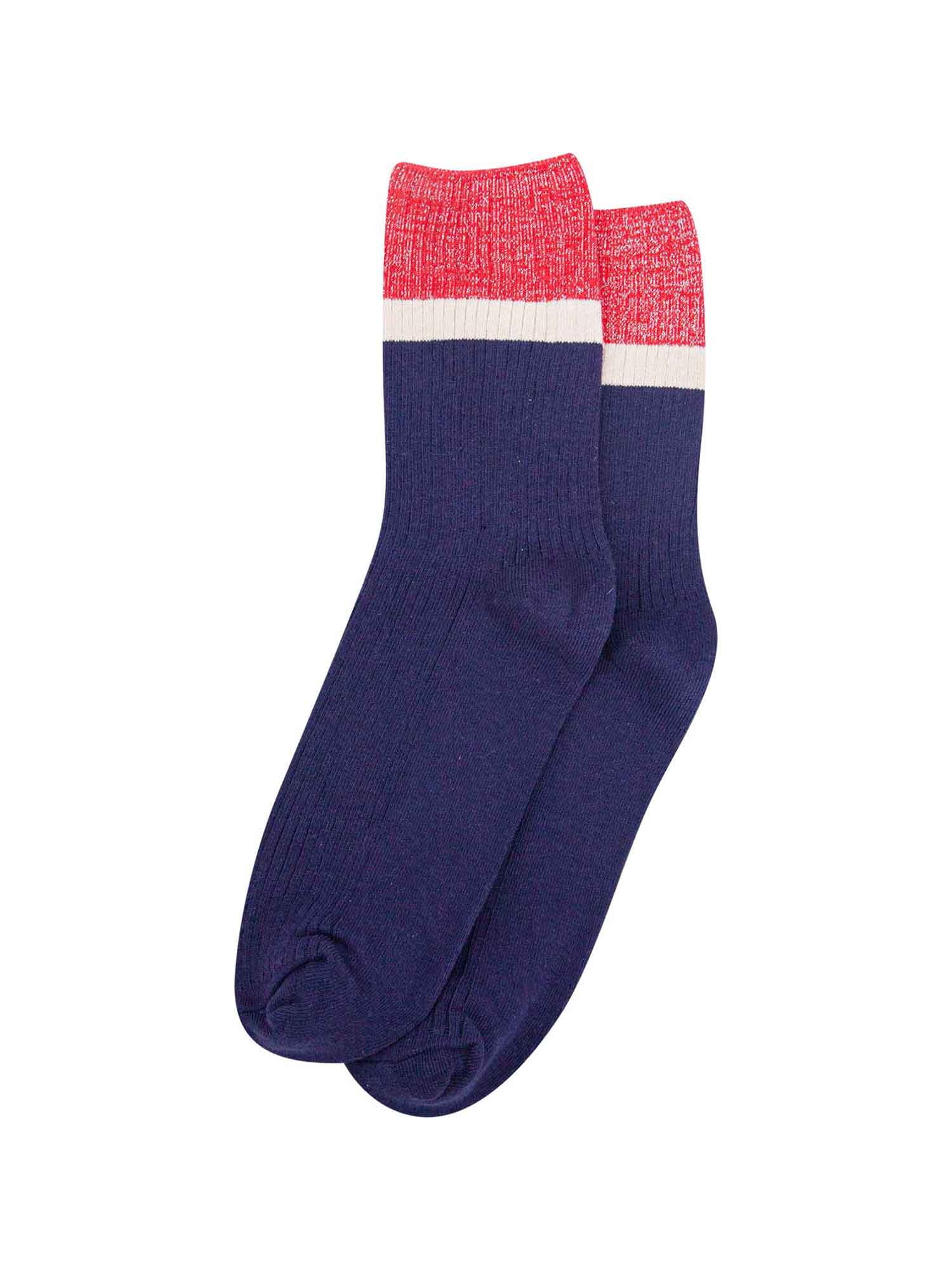 womens-mid-calf-socks-navy-blue-red-contrast-cuff-laying-flat