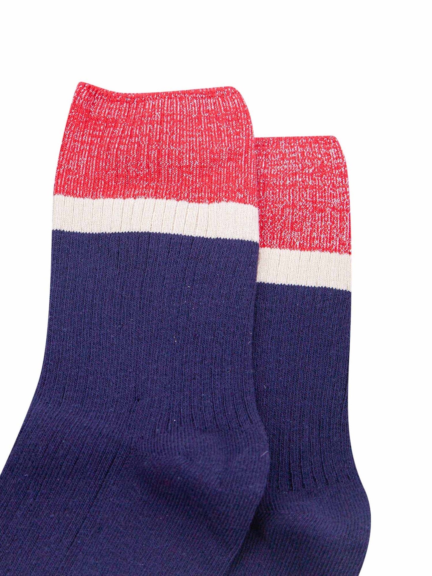 womens-mid-calf-socks-navy-blue-red-contrast-cuff-close-up-material