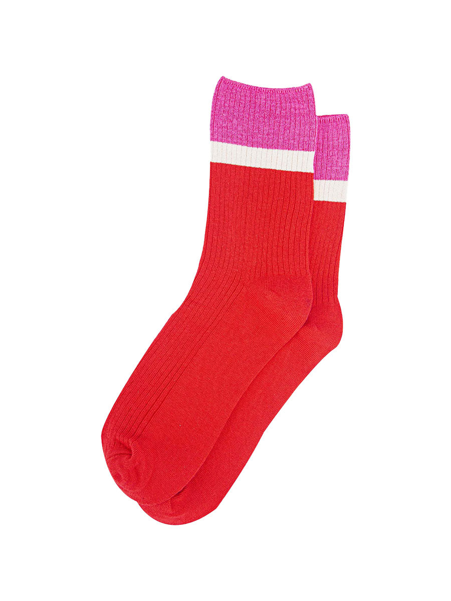 womens-mid-calf-socks-red-pink-contrast-cuff-laying-flat