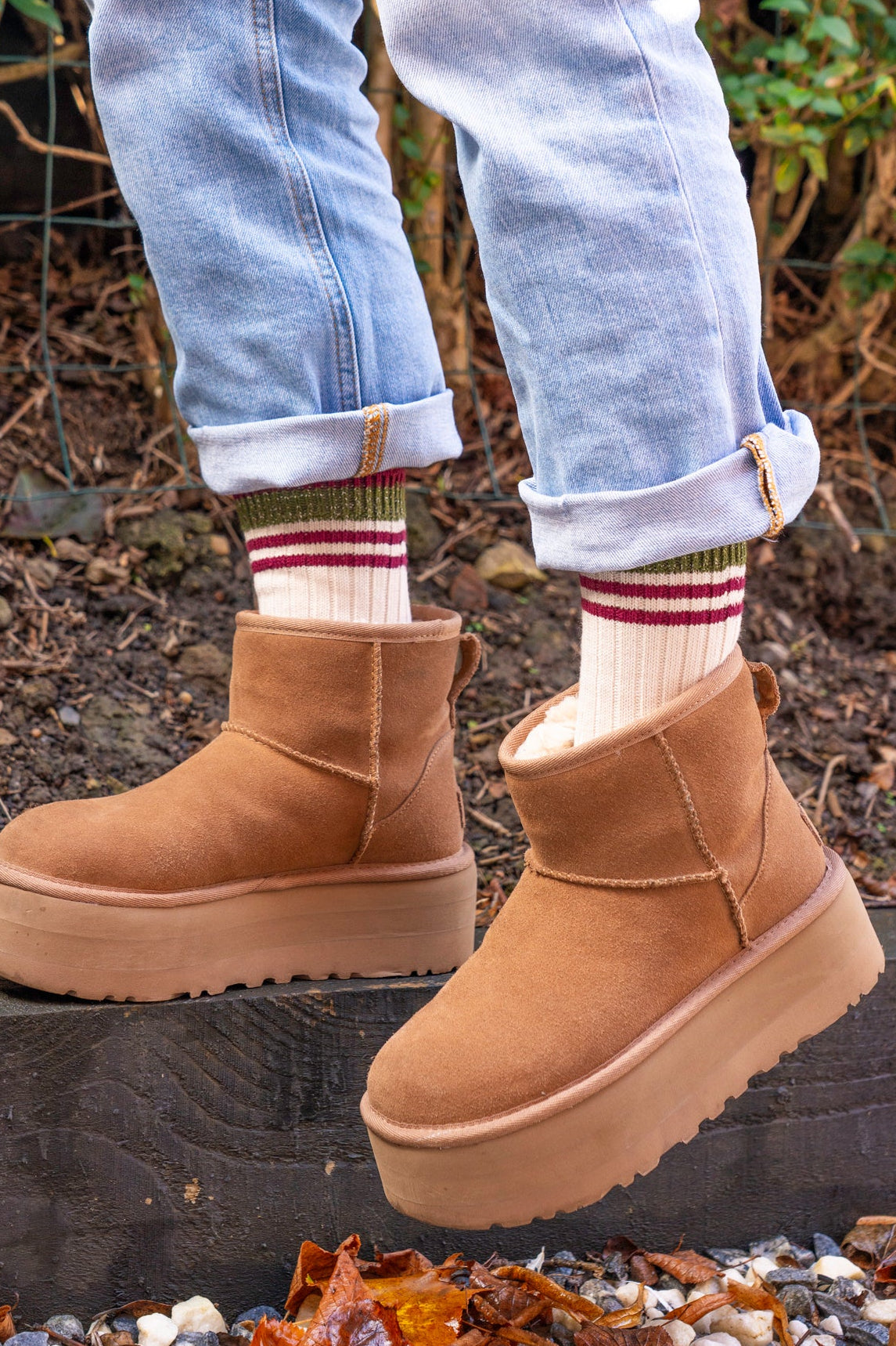 Colour Block Ribbed Cotton Boot Socks in Cream/Khaki