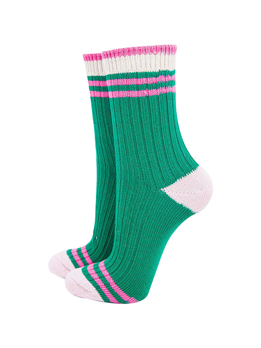 womens-mid-calf-socks-green-pink-striped-cuff-thick-ribbed-cotton