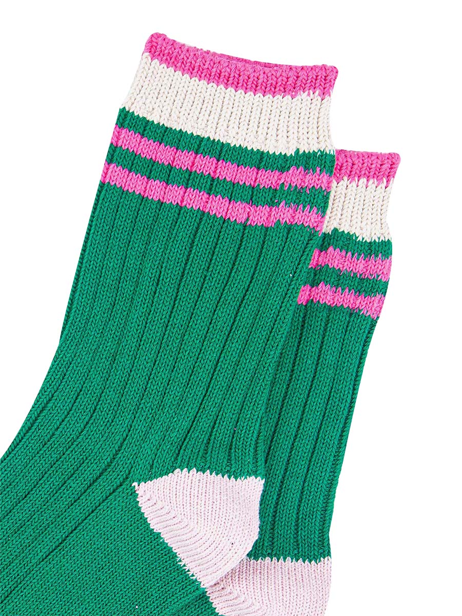 womens-mid-calf-socks-green-pink-striped-cuff-close-up