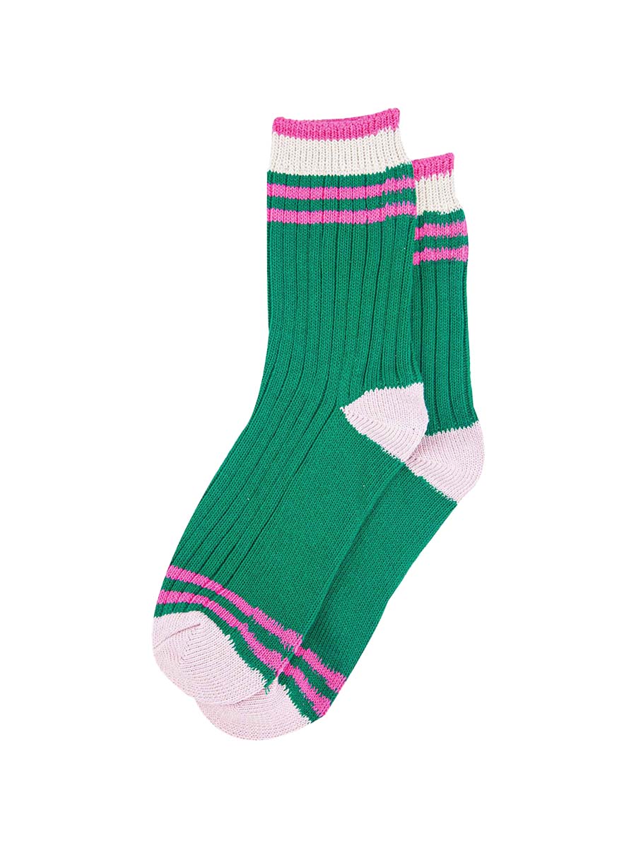 womens-mid-calf-socks-green-pink-striped-cuff-laying-flat
