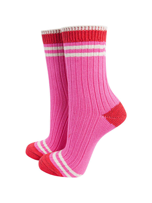 womens-mid-calf-socks-pink-red-striped-cuff-thick-ribbed-cotton