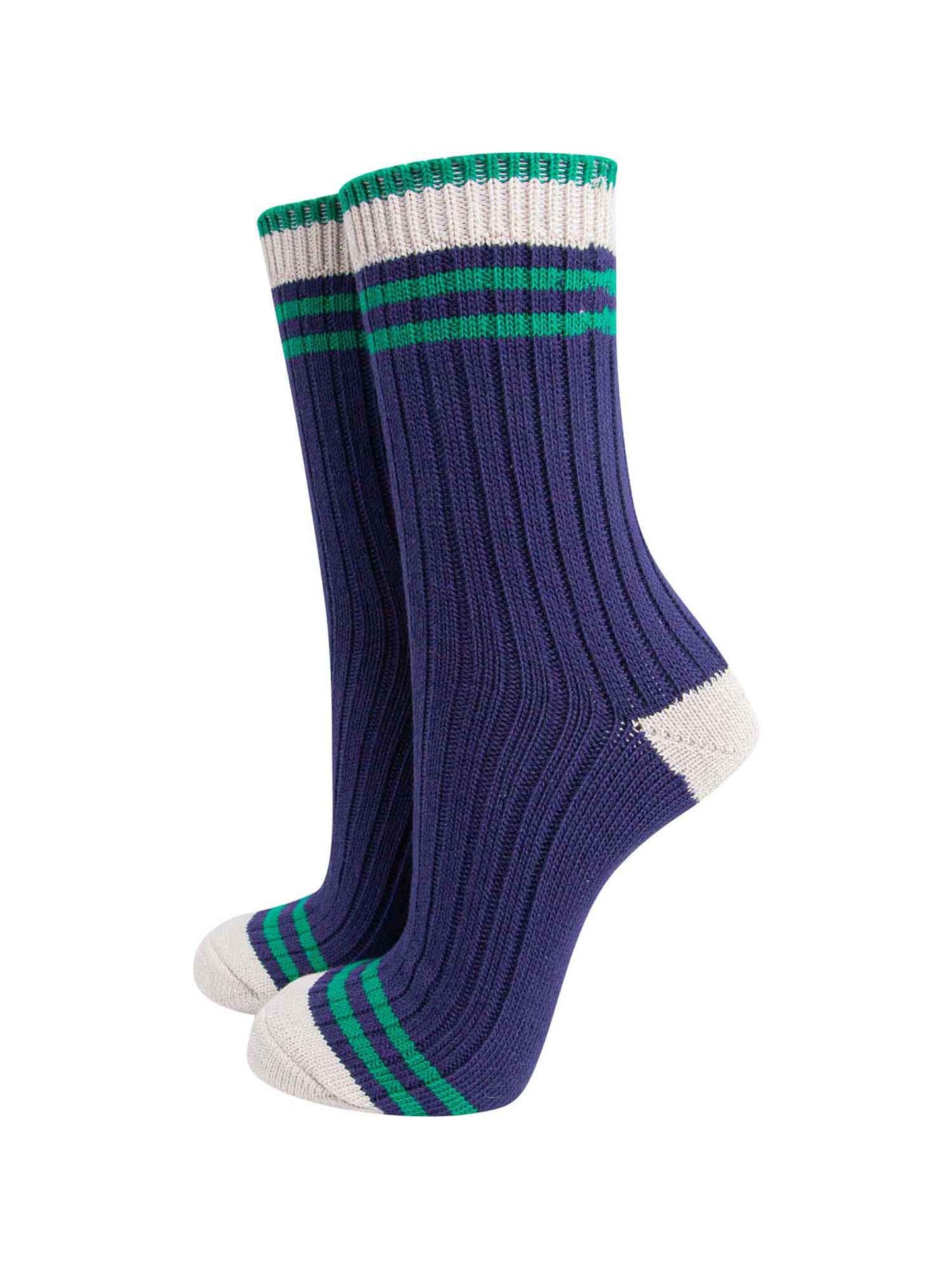 womens-mid-calf-socks-navy-blue-green-striped-cuff-thick-ribbed-cotton