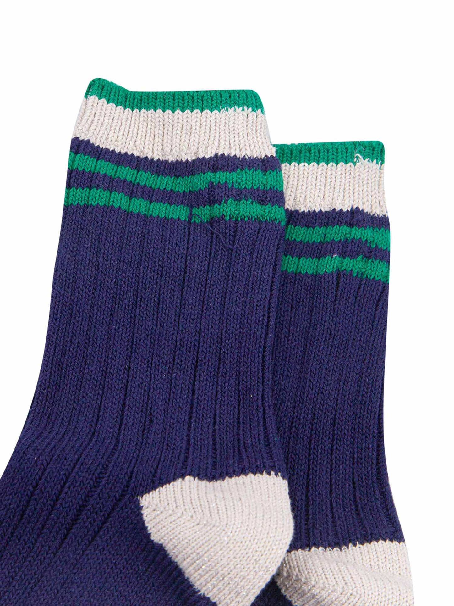 womens-mid-calf-socks-navy-blue-green-striped-cuff-close-up-material