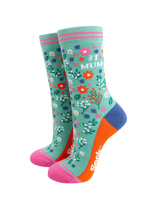 Number-1-Mum-Floral-Bamboo-Socks-in-Green-Mannequin