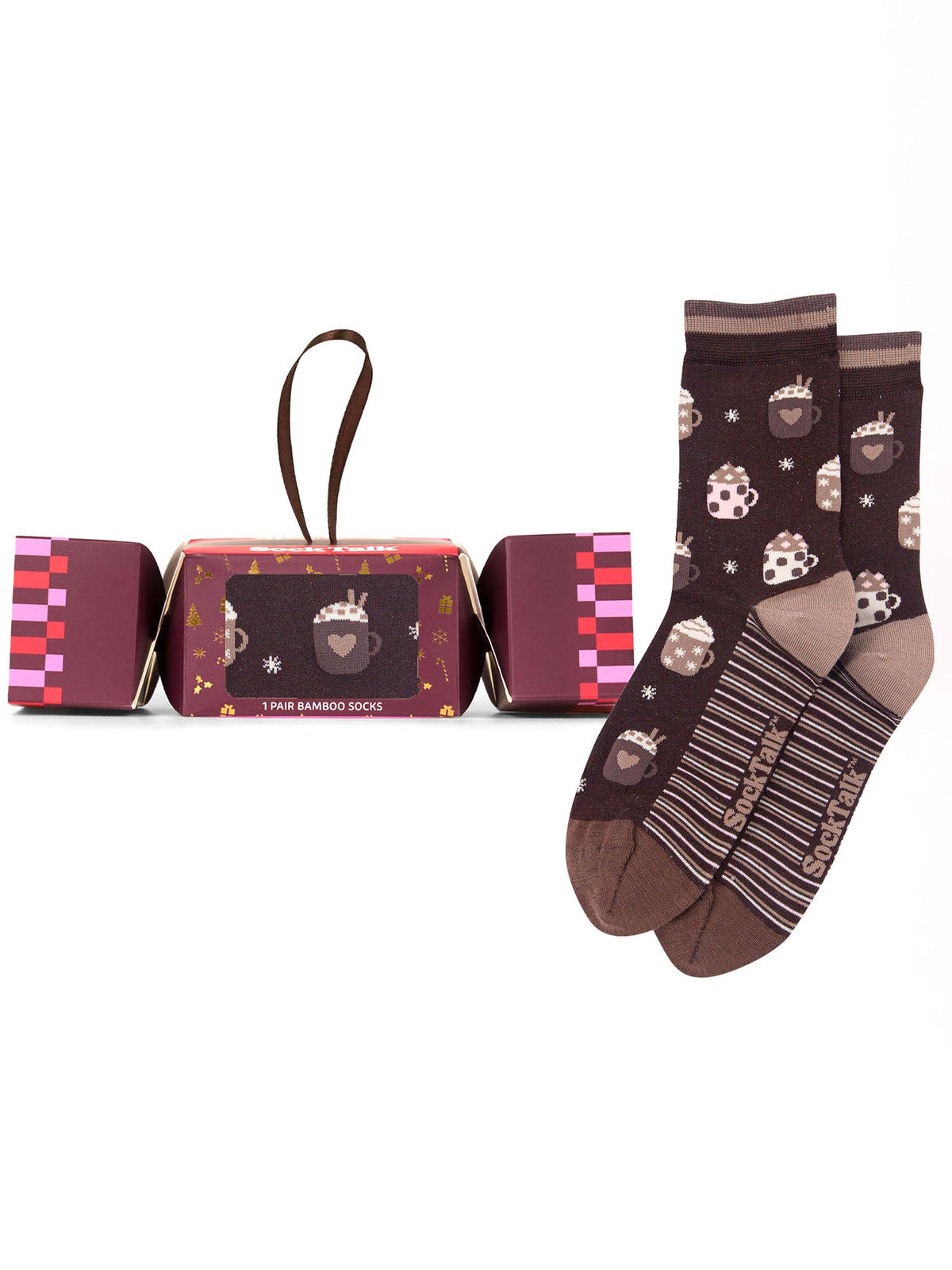 Hot-Chocolate-Drink-Bamboo-Crew-Socks-Christmas-Cracker-Gift-Box-in-Brown