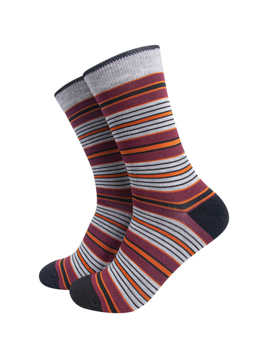 Stripey-Men's-Bamboo-Socks-in-Grey-Marl/Burgundy-On-Mannequin