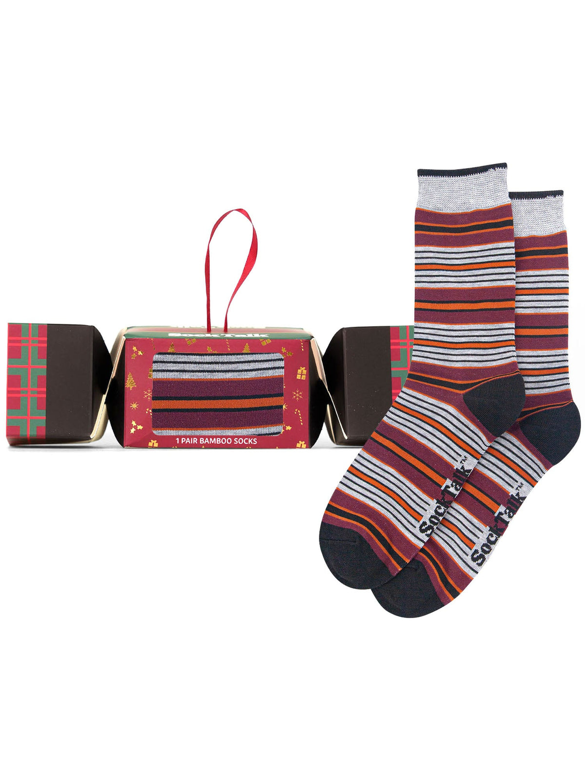 Stripe-Bamboo-Crew-Socks-Christmas-Cracker-Gift-Box-in-Grey/Burgundy