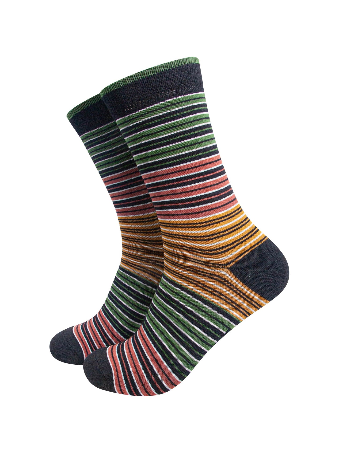 Stripey-Men's-Bamboo-Socks-in-Black/Green/Orange-On-Mannequin