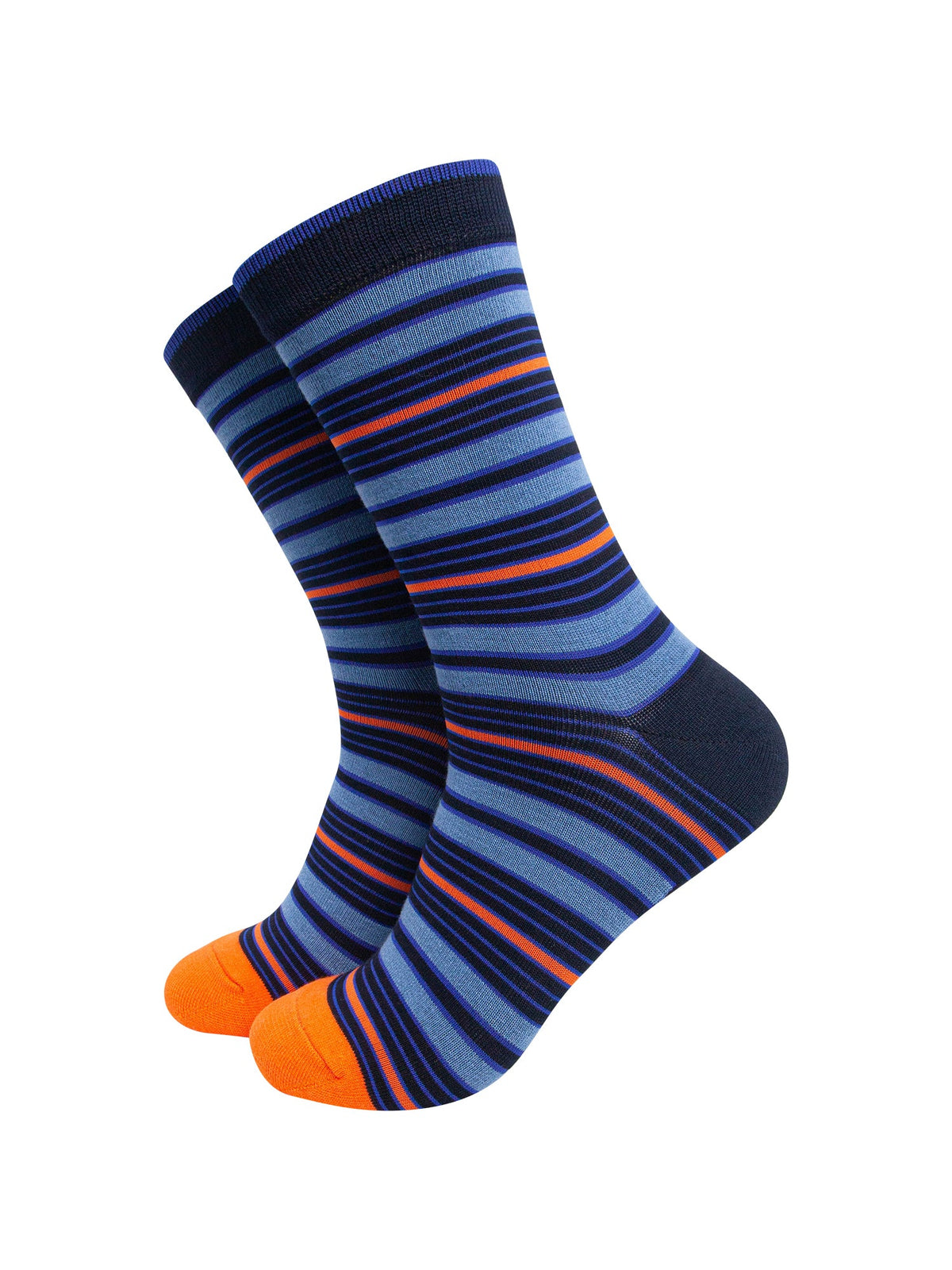 Stripey-Men's-Bamboo-Socks-in-Navy-Blue/Orange-On-Mannequin