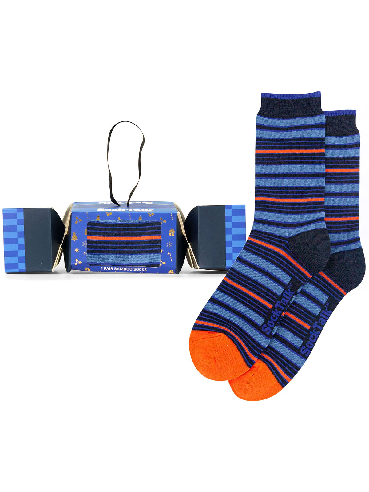 Stripe-Bamboo-Crew-Socks-Christmas-Cracker-Gift-Box-in-Navy Blue/Orange