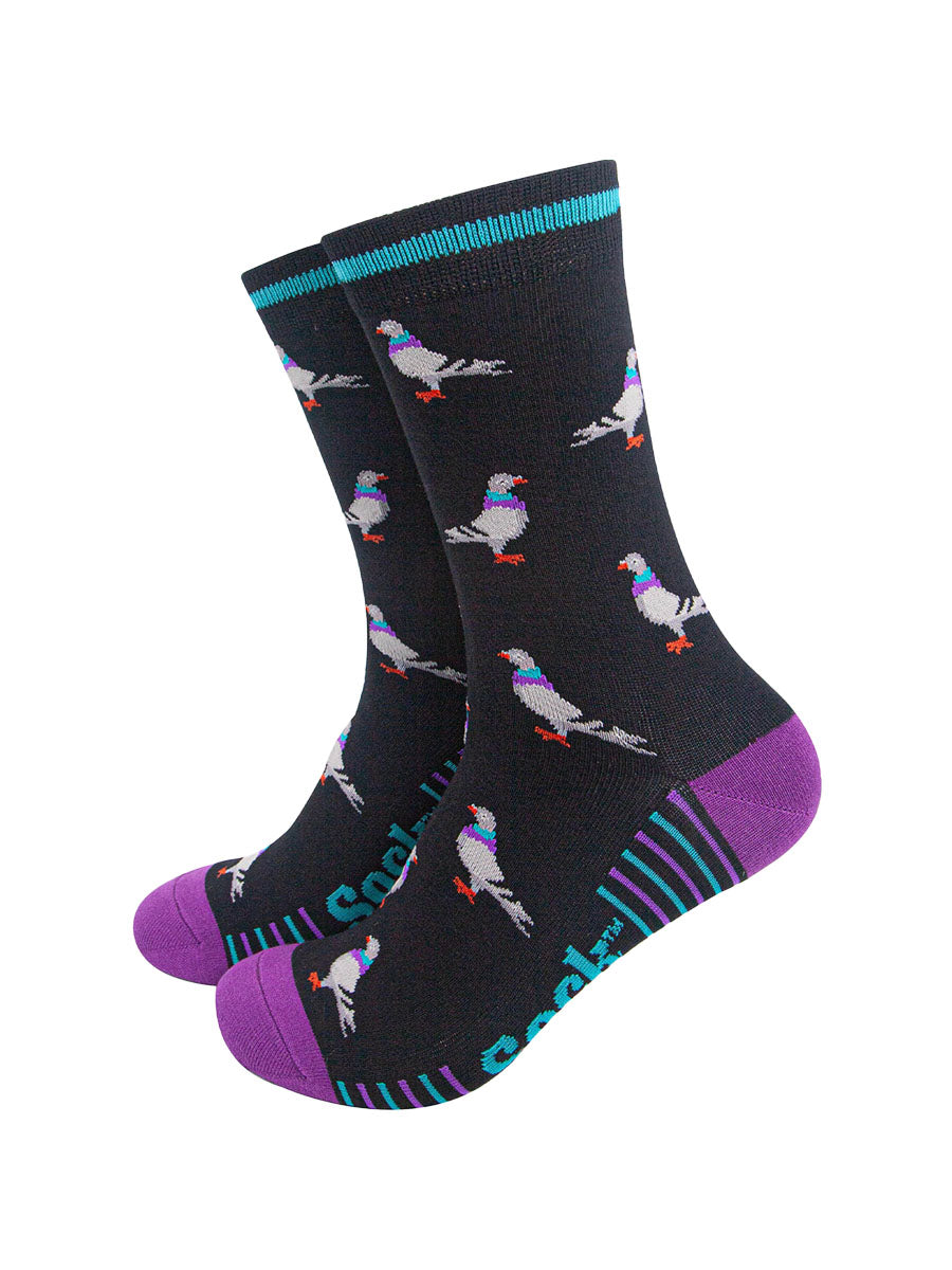 mens-bamboo-socks-black-purple-pigeon-birds