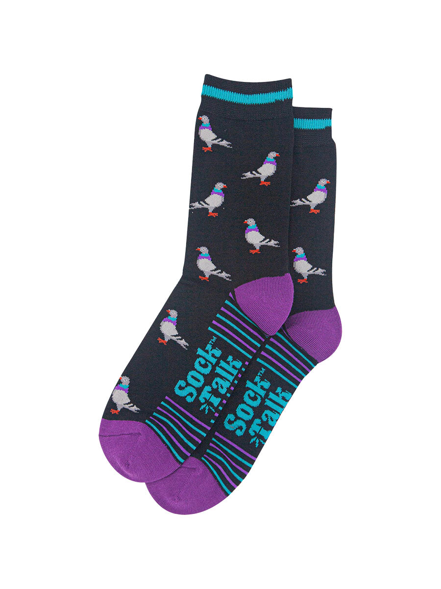 mens-bamboo-socks-black-purple-pigeon-laying-flat