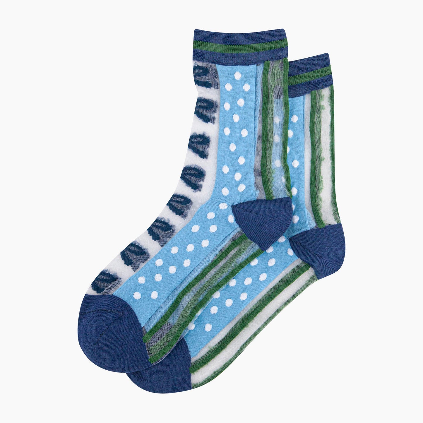 womens-sheer-ankle-socks-blue-green-stripe-bow-laying-flat