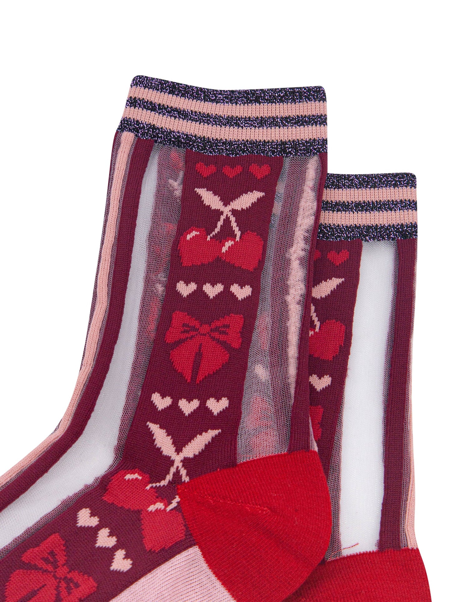 Bow-&-Cherry-Sheer-Socks-in-Burgundy/Soft-Pink-Close-Up