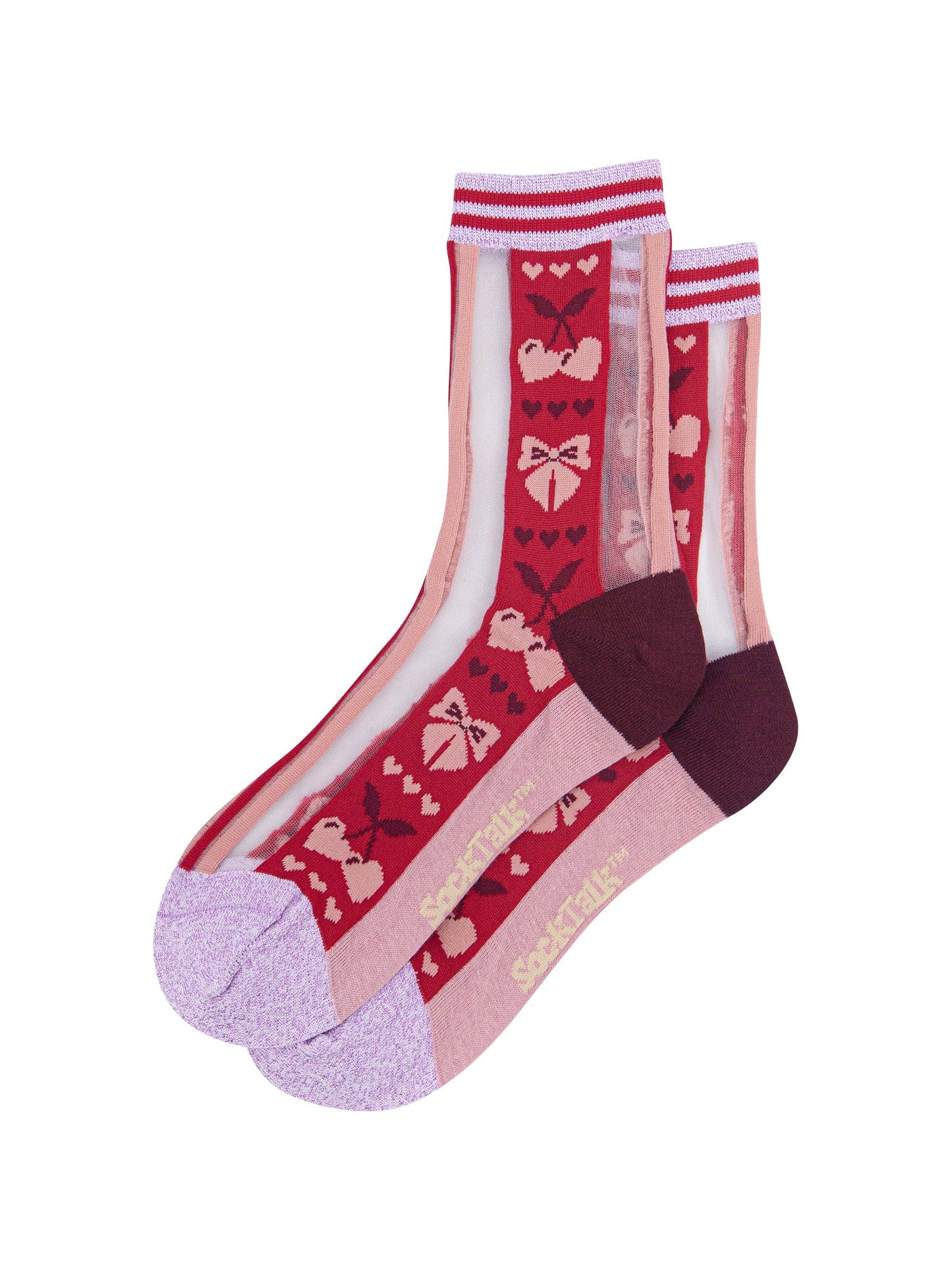 Bow-&-Cherry-Sheer-Socks-in-Red/Soft-Pink-Laid-Flat