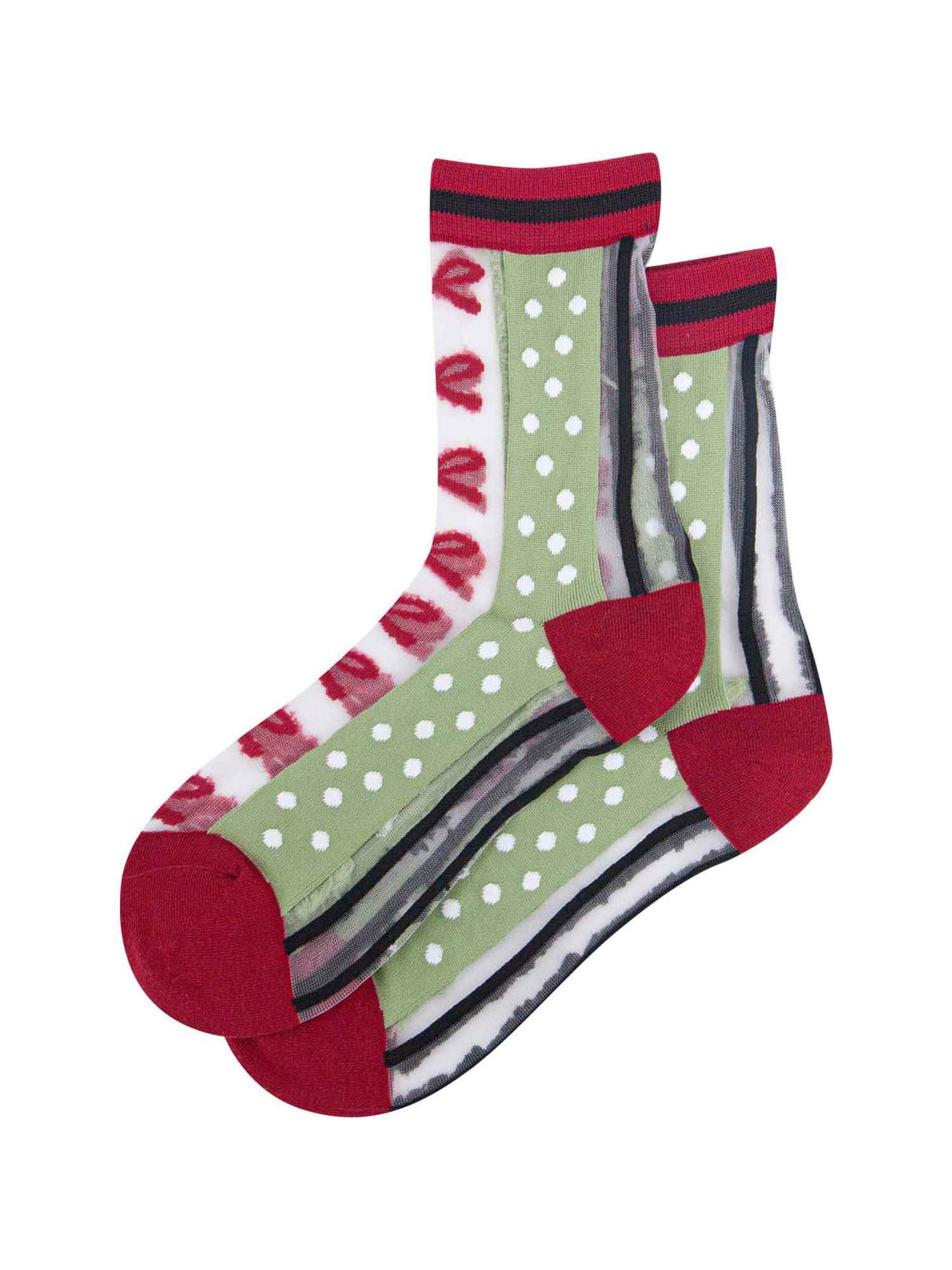womens-sheer-ankle-socks-green-red-stripe-bow-laying-flat