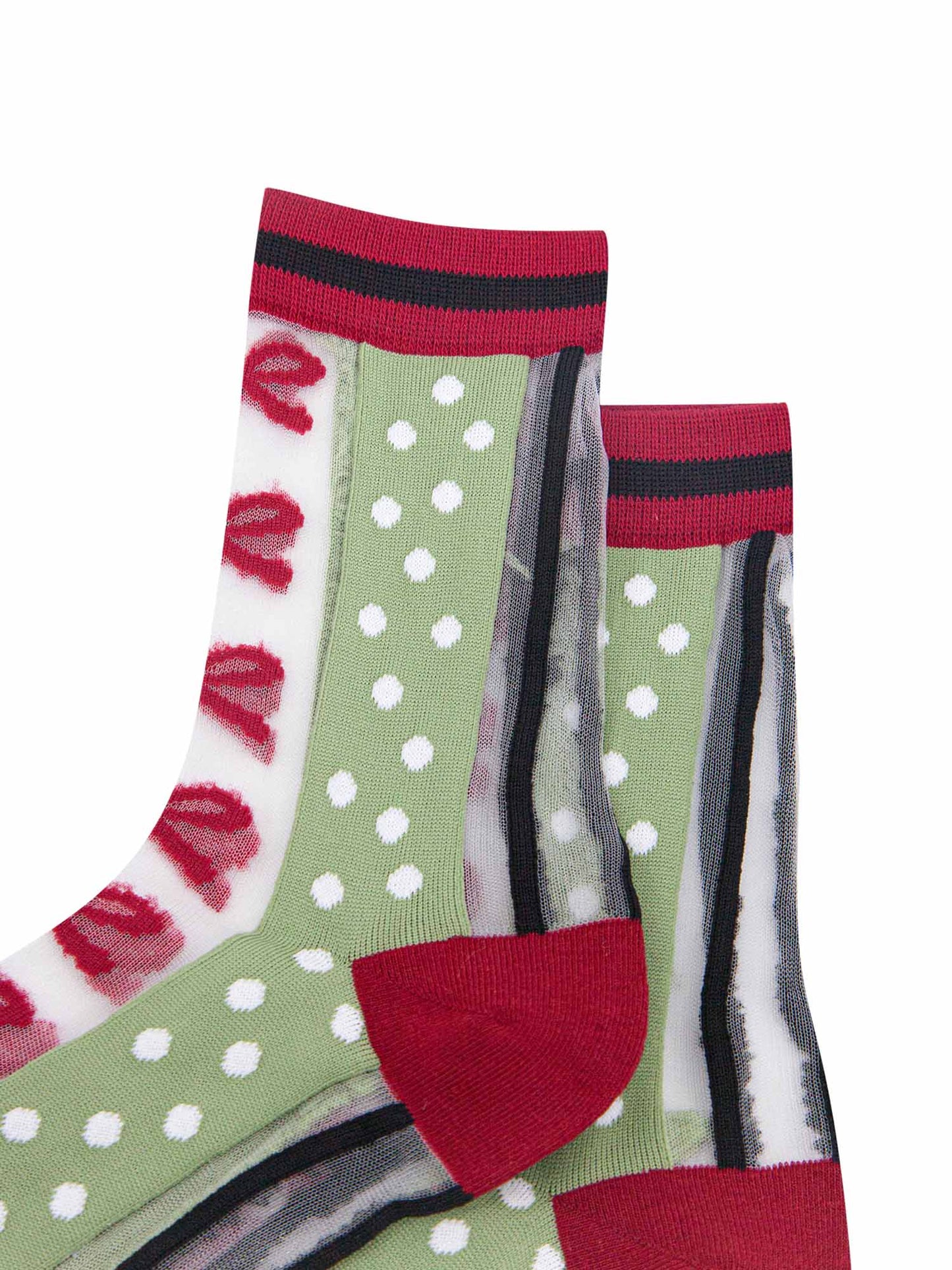 womens-sheer-ankle-socks-green-red-stripe-bow-close-up