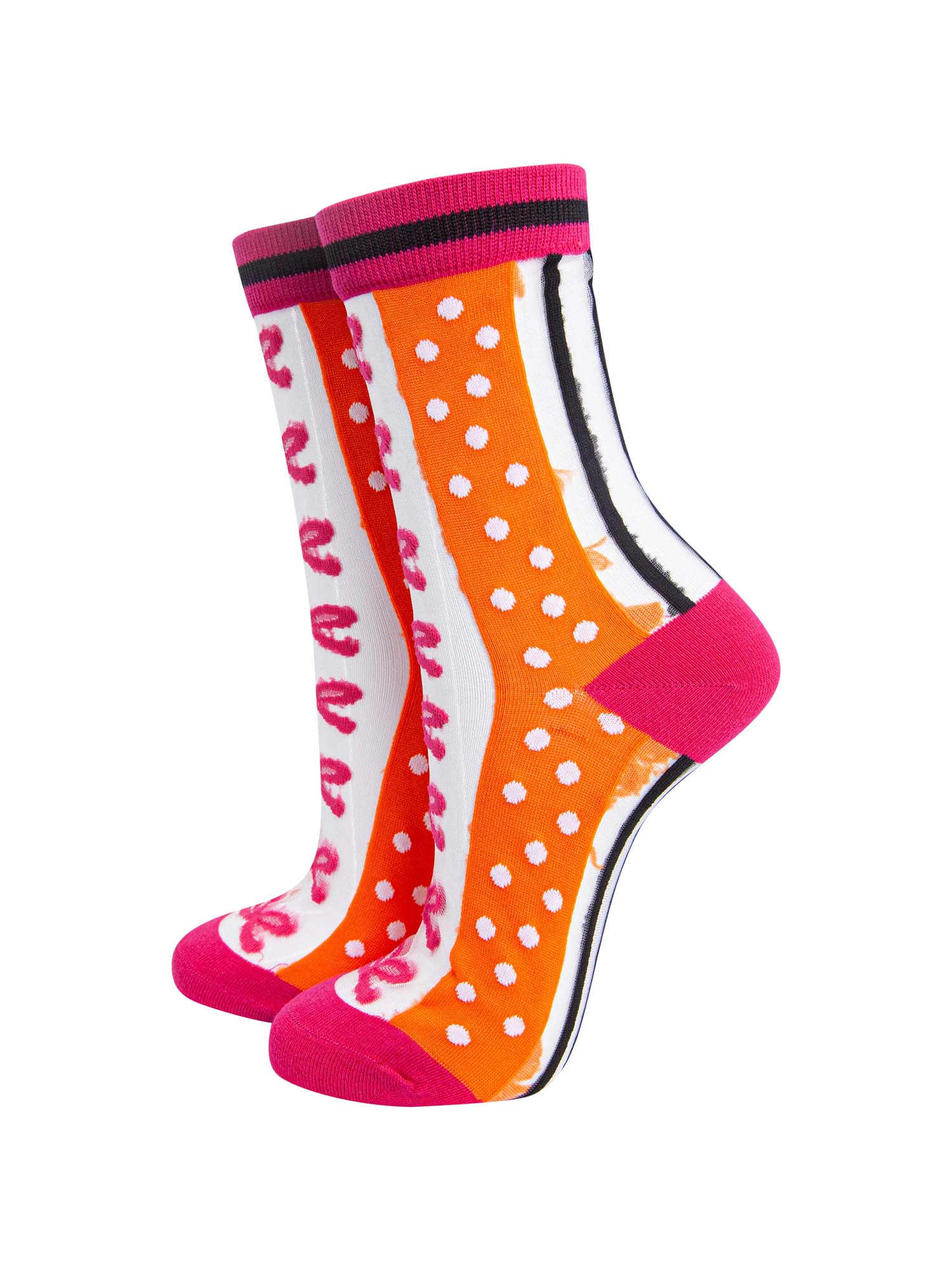womens-sheer-ankle-socks-orange-hot-pink-stripe-bow-colourful