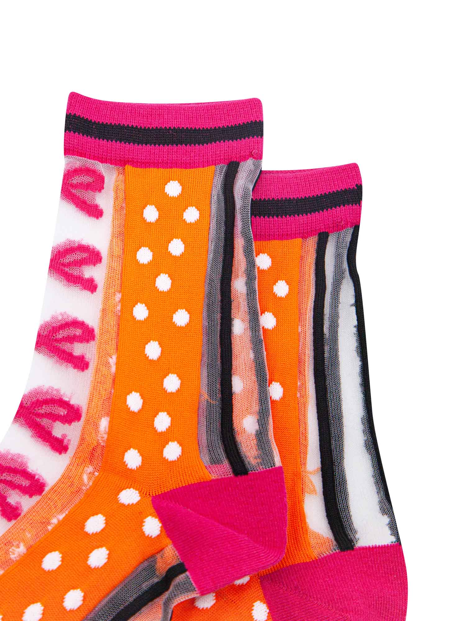 womens-sheer-ankle-socks-orange-hot-pink-stripe-bow-close-up
