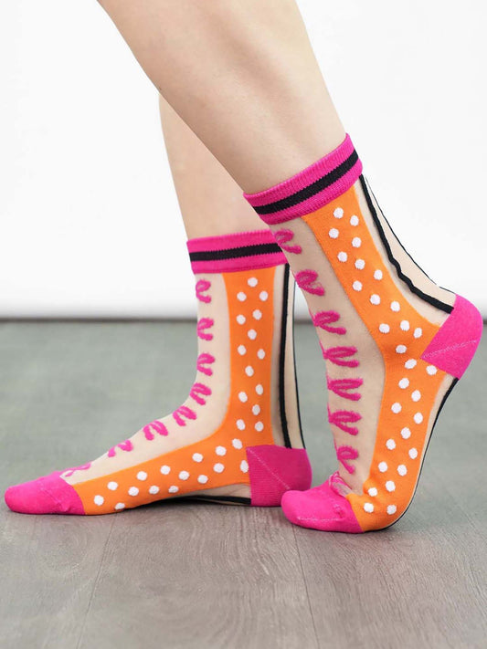 womens-sheer-ankle-socks-orange-hot-pink-stripe-bow-colourful