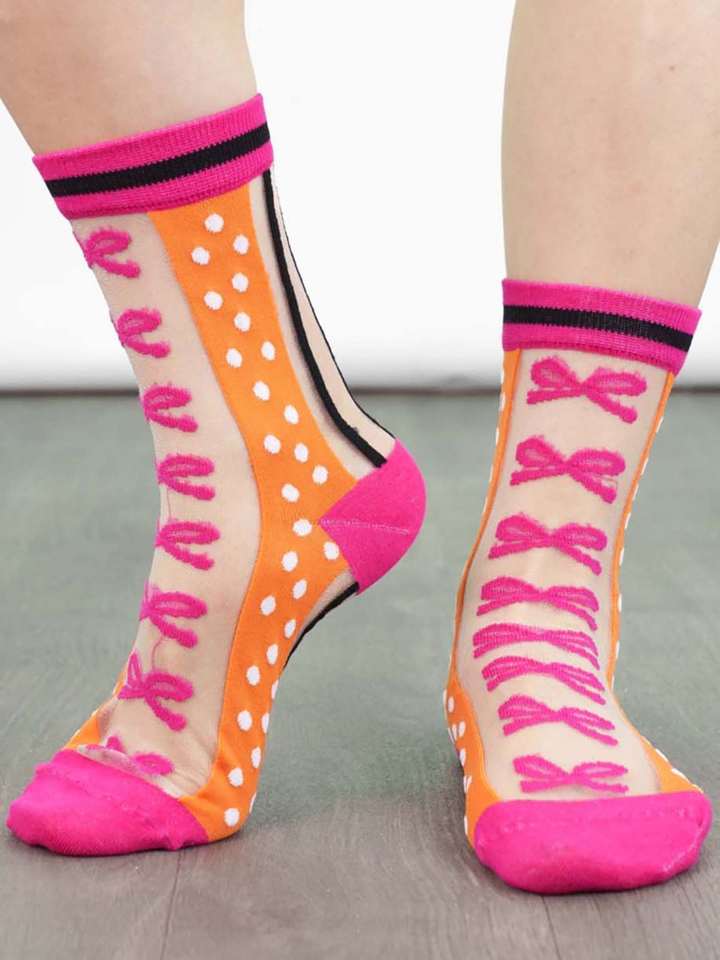 womens-sheer-ankle-socks-orange-hot-pink-stripe-bow-colourful