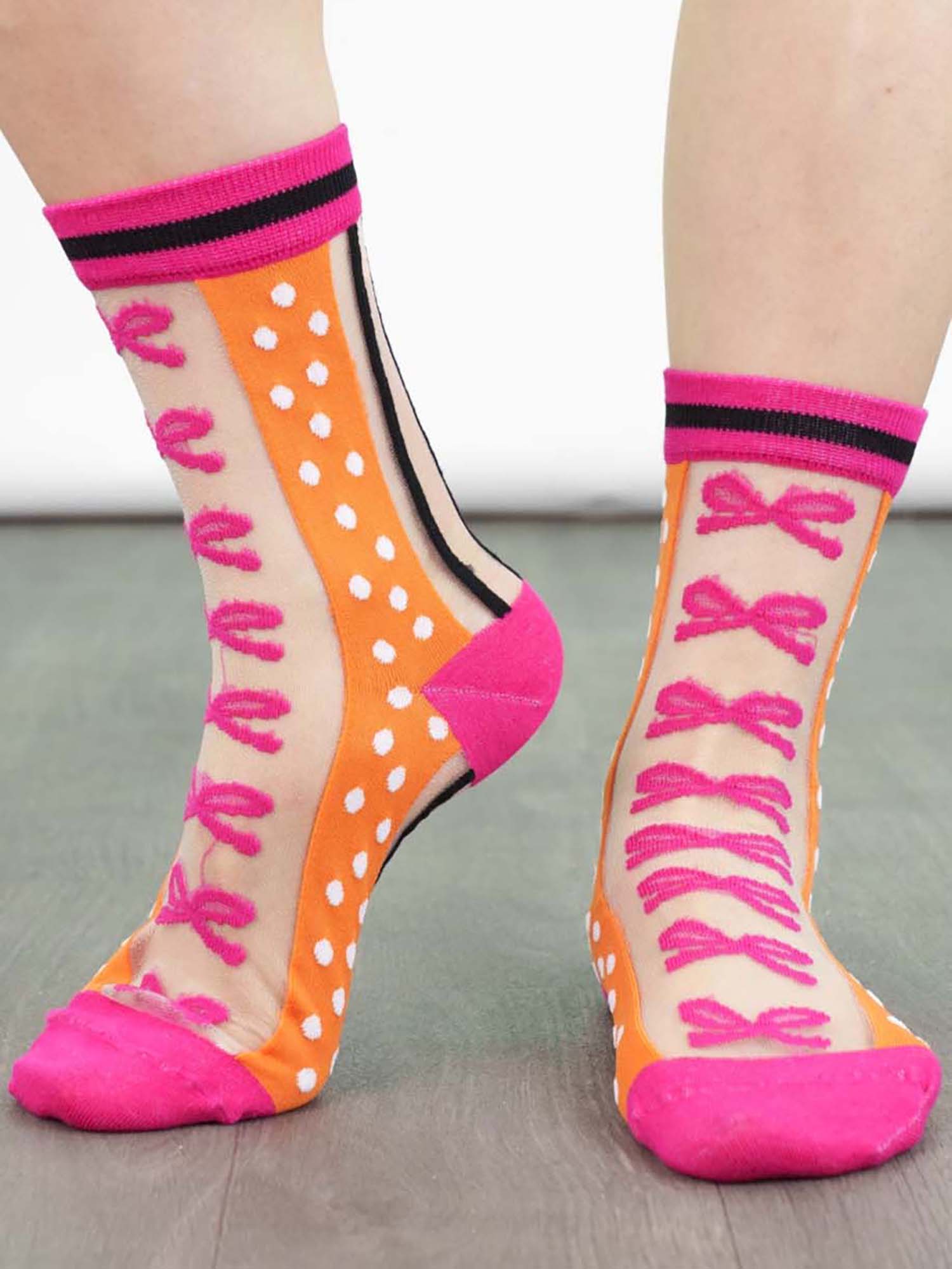 womens-sheer-ankle-socks-orange-hot-pink-stripe-bow-colourful