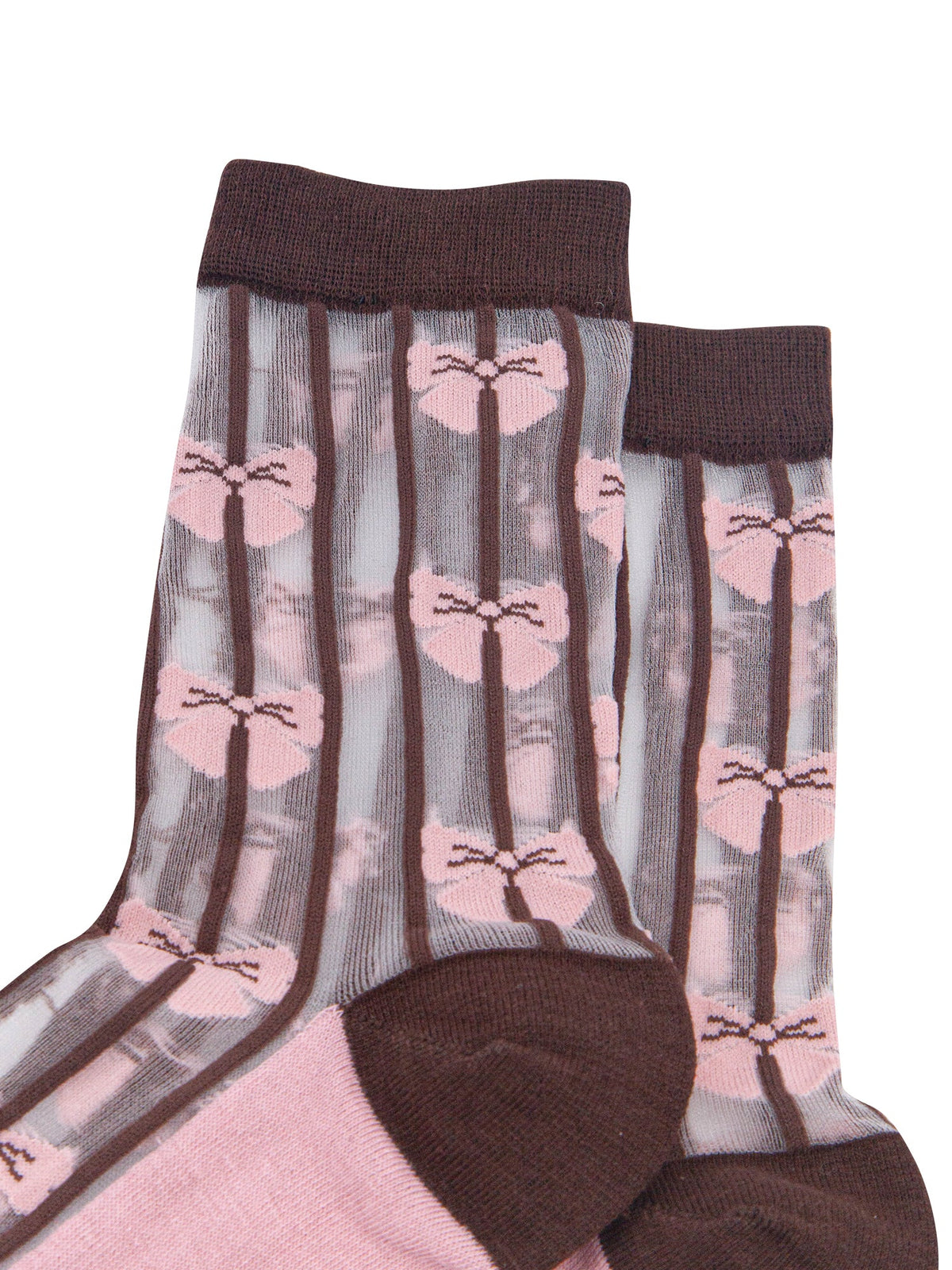 Stripe-&-Bow-Sheer-Socks-in-Brown/Soft-Pink-Close-Up