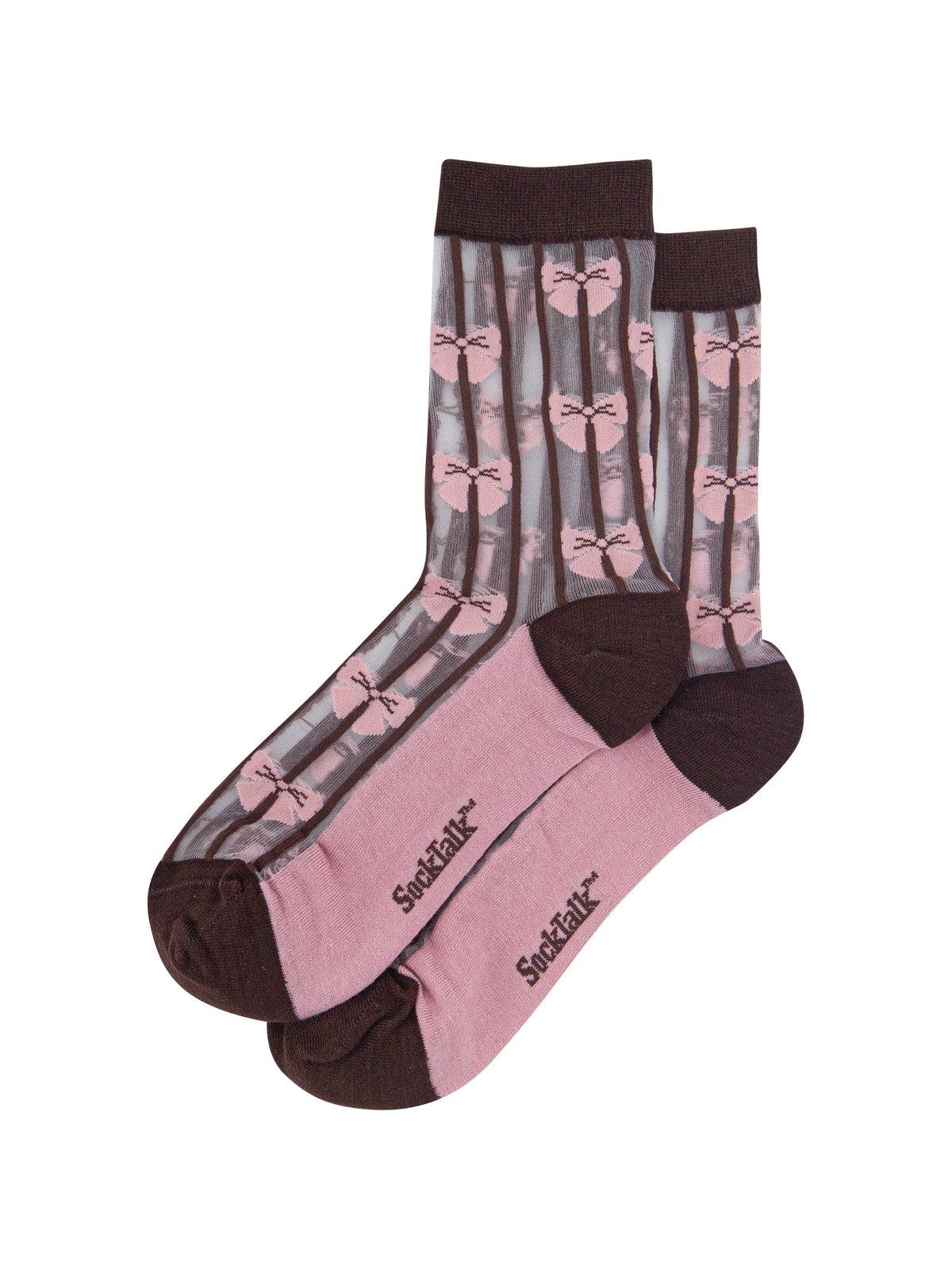 Stripe-&-Bow-Sheer-Socks-in-Brown/Soft-Pink-Laid-Flat