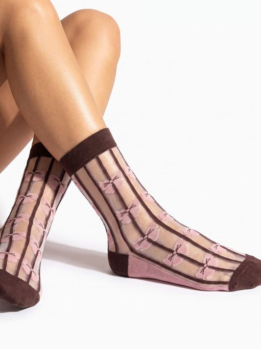 Stripe-&-Bow-Sheer-Socks-in-Brown/Soft-Pink