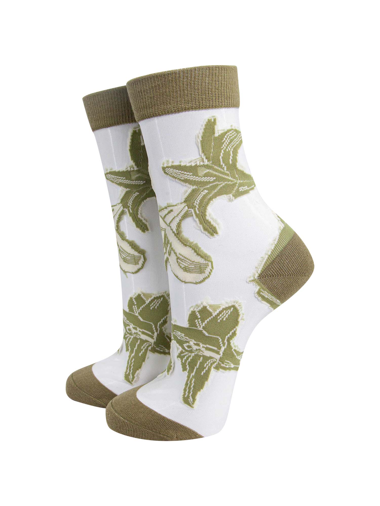 womens-sheer-ankle-socks-green-floral-lillies