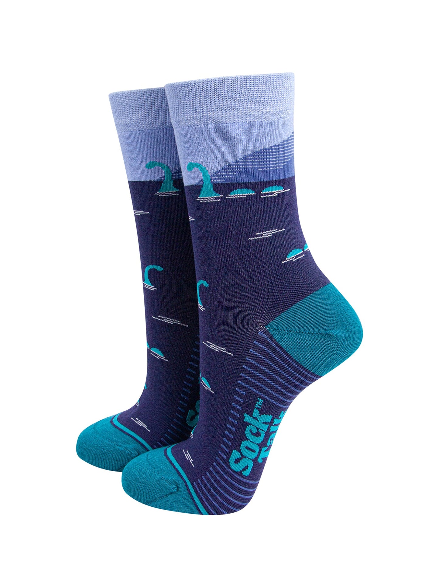 Loch-Ness-Monster-Bamboo-Socks-in-Blue-On-Mannequin
