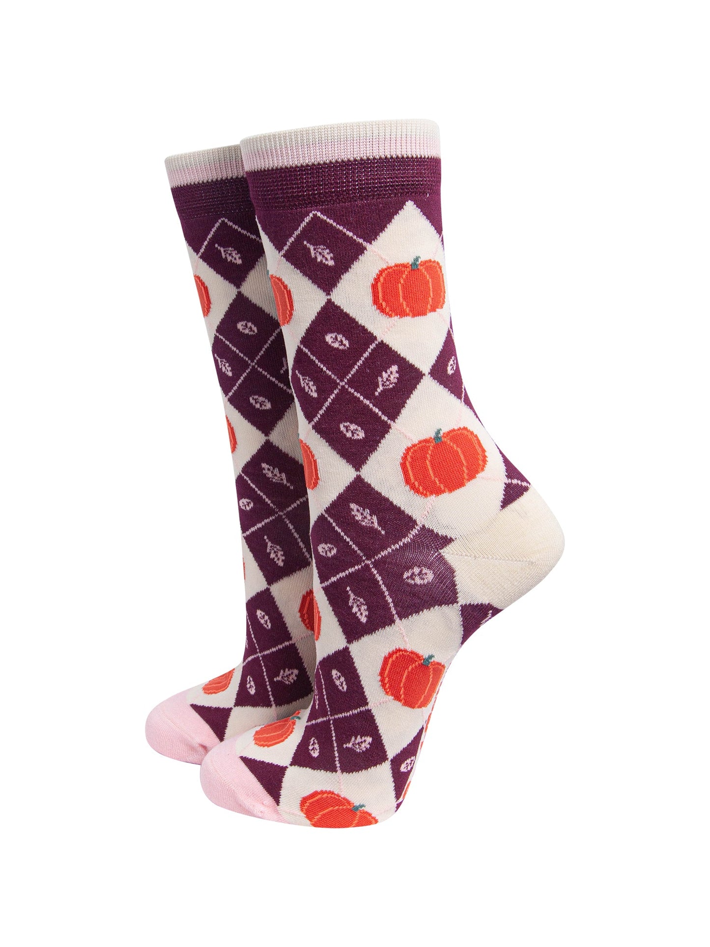 Pumpkin-Women's-Bamboo-Socks-in-Burgundy/Cream-On-Mannequin