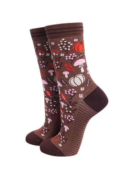 Pumpkin-Floral-Women's-Bamboo-Socks-in-Brown-On-Mannequin