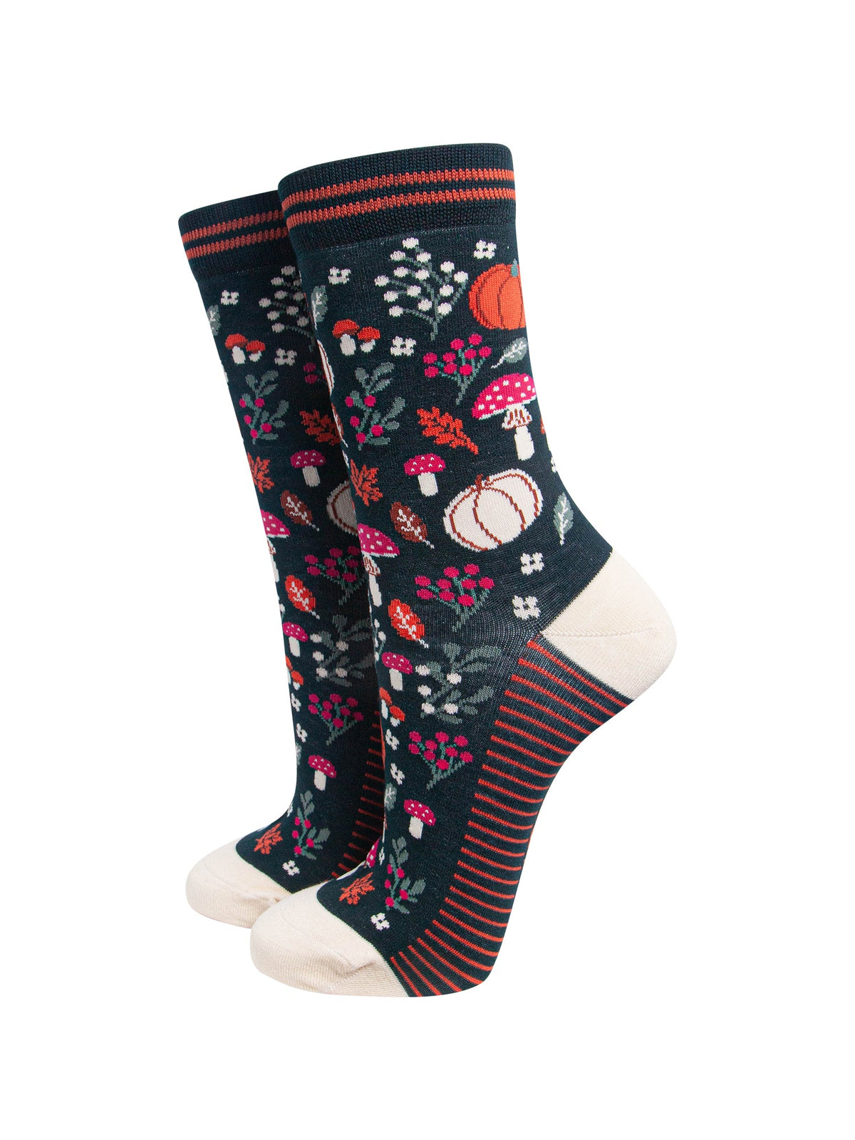 Pumpkin-Floral-Women's-Bamboo-Socks-in-Dark-Green-On-Mannequin