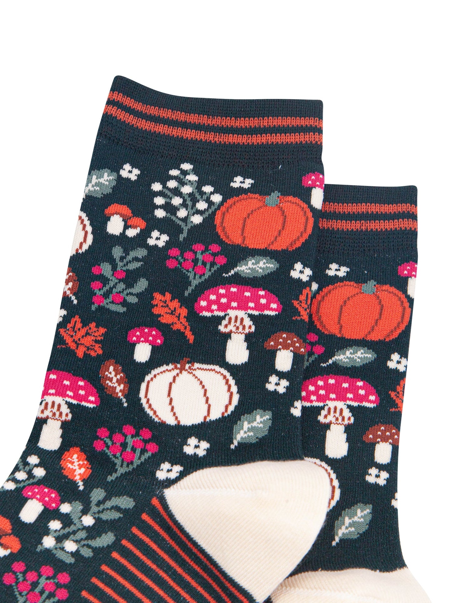 Pumpkin-Floral-Women's-Bamboo-Socks-in-Dark-Green-Close-Up