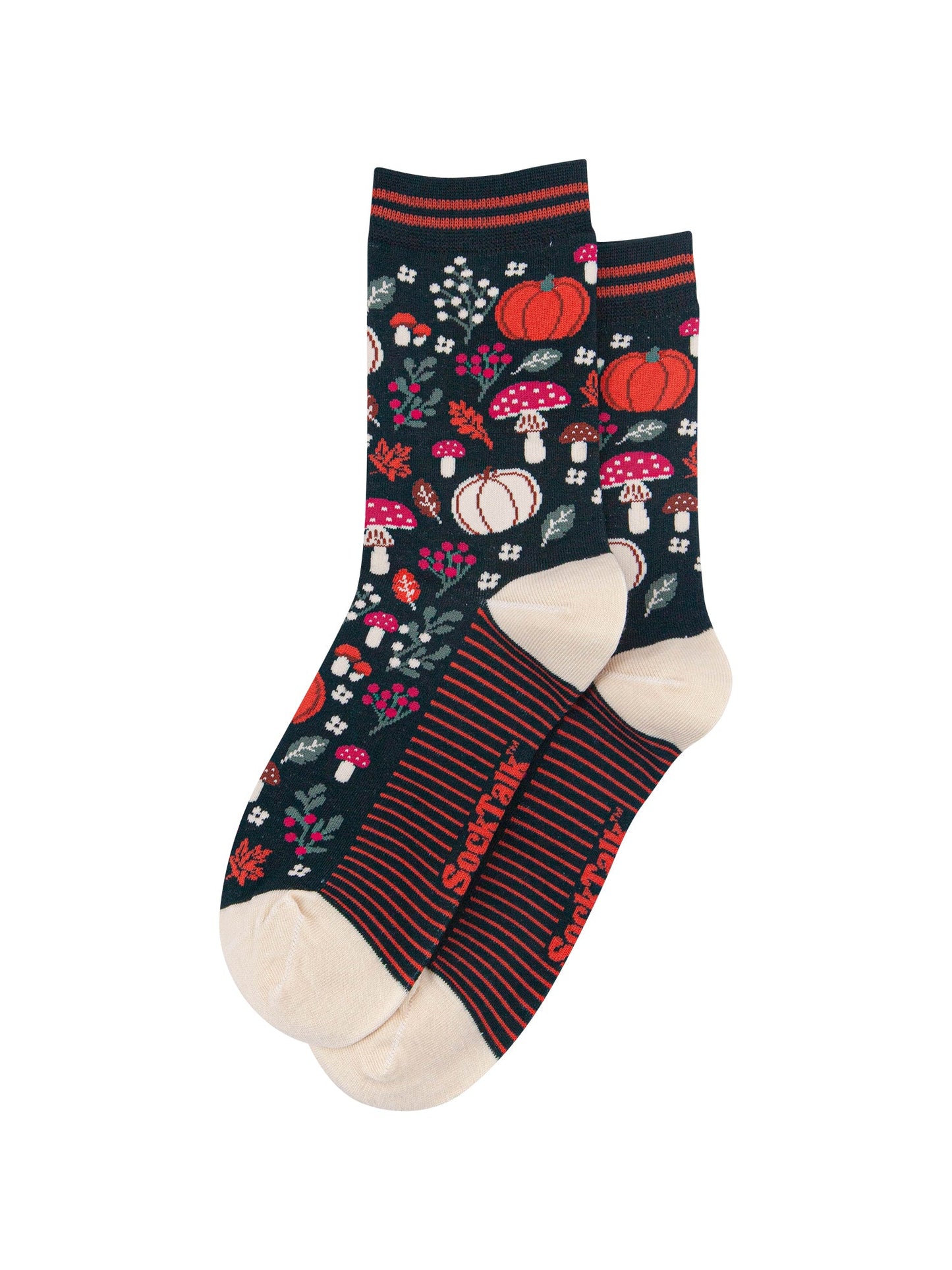 Pumpkin-Floral-Women's-Bamboo-Socks-in-Dark-Green-Laid-Flat