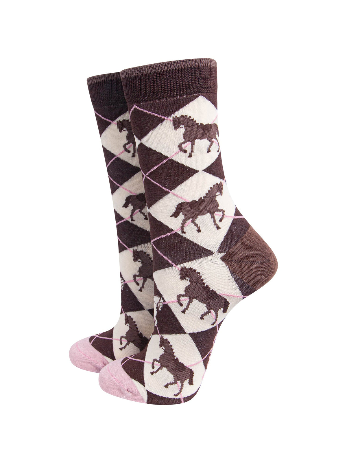 Horse-Argyle-Women's-Bamboo-Socks-in-Brown-On-Mannequin
