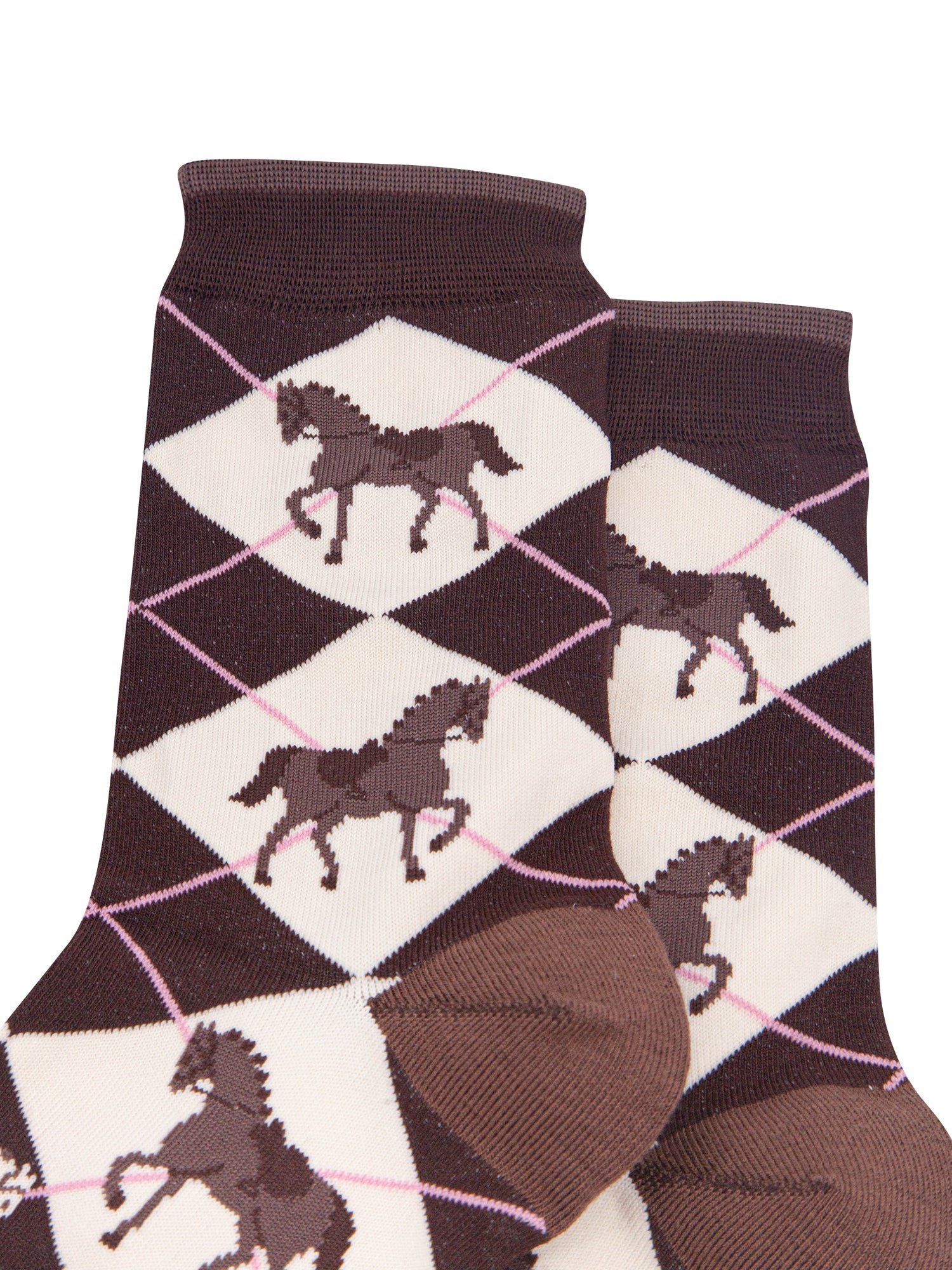 Horse-Argyle-Women's-Bamboo-Socks-in-Brown-Close-Up