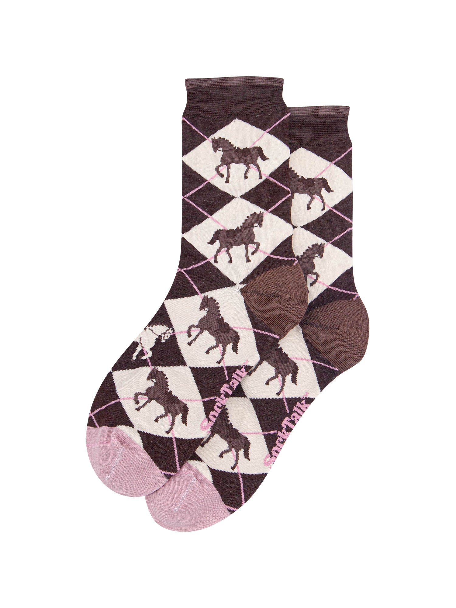 Horse-Argyle-Women's-Bamboo-Socks-in-Brown-Laid-Flat