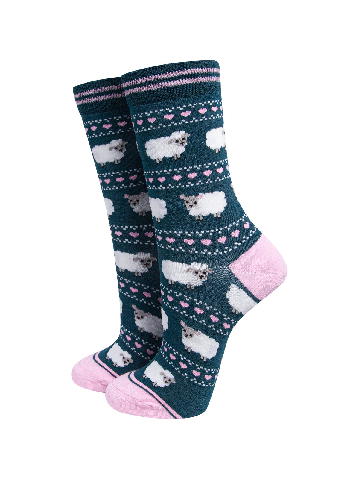 Sheep-Fair-Isle-Women's-Bamboo-Socks-in-Forest-Green-On-Mannequin