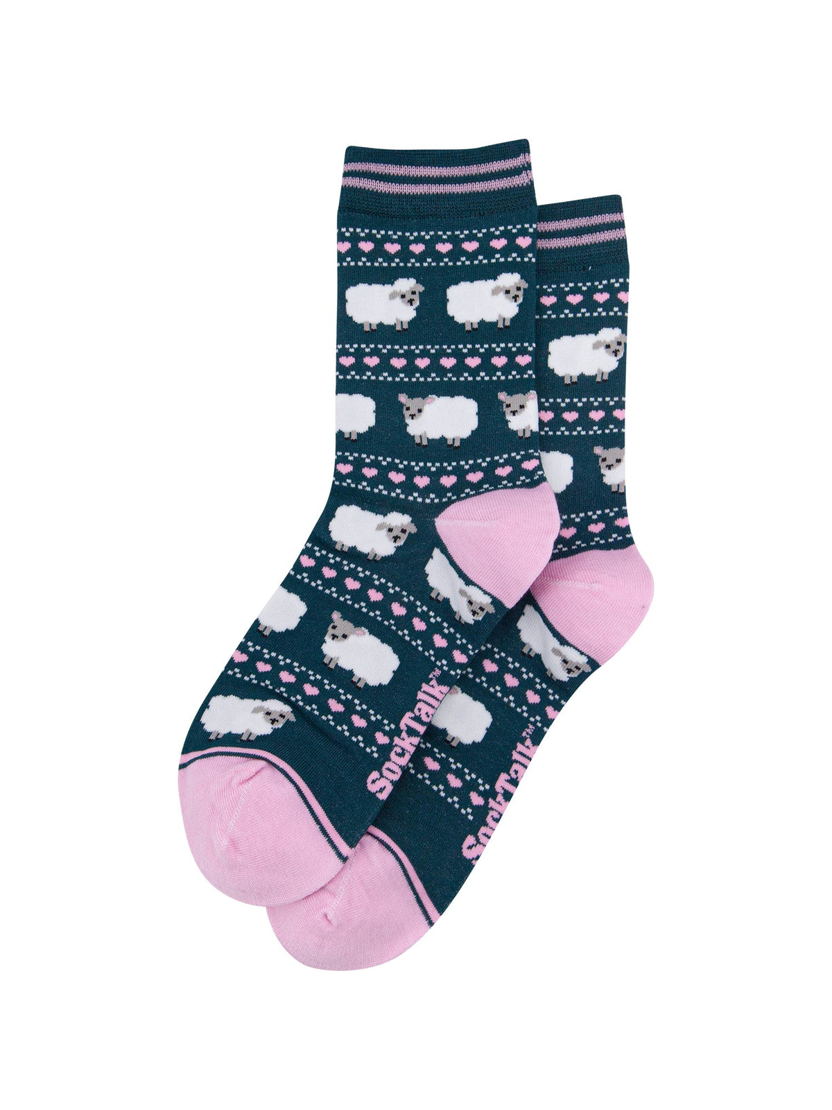 Sheep-Fair-Isle-Women's-Bamboo-Socks-in-Forest-Green-Laid-Flat